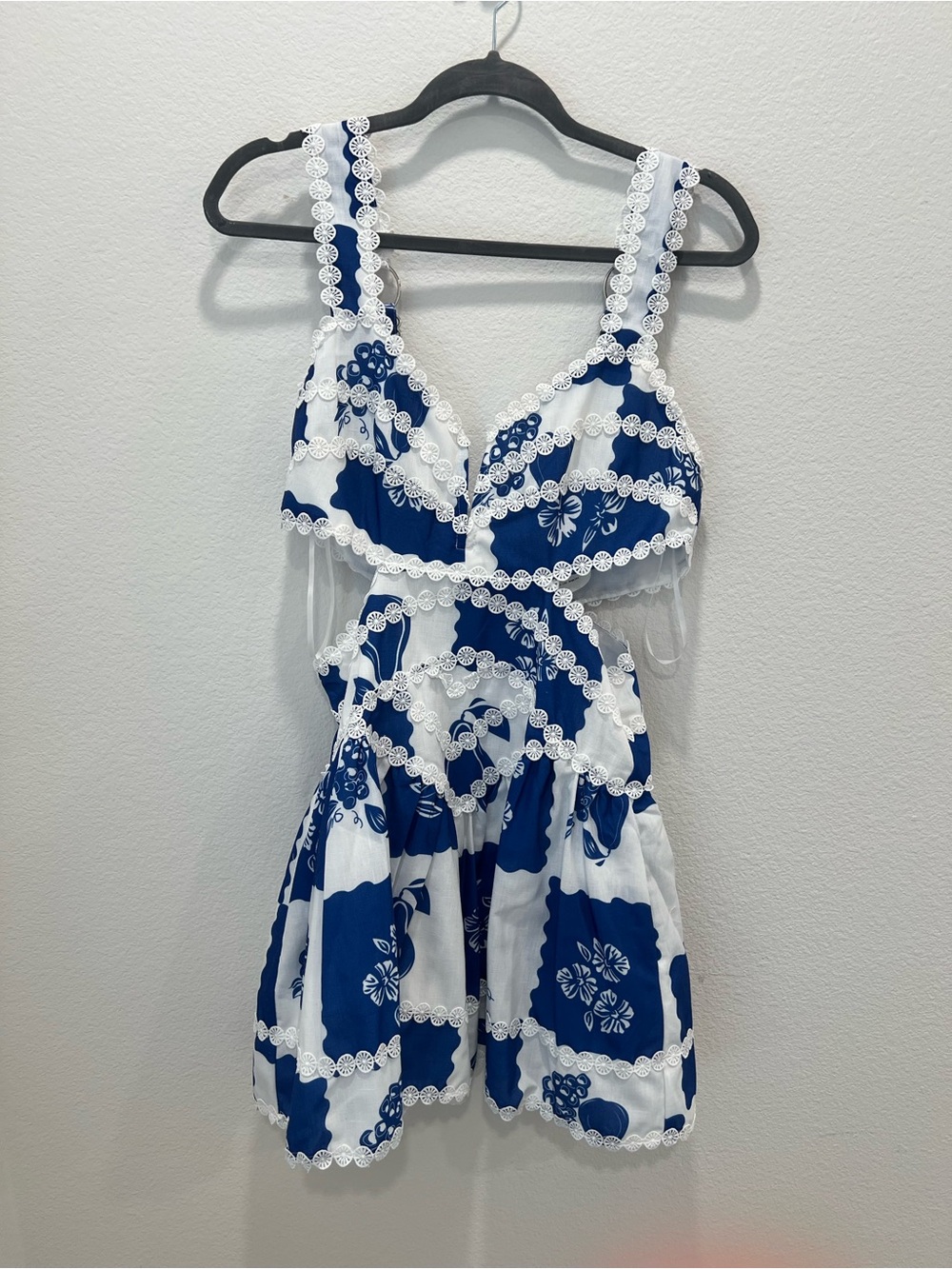 Blue and White Floral Lace Trim Mini Dress by Vintage Shop Size L